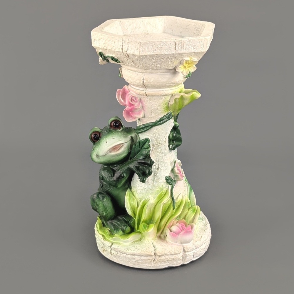 Vintage Frog and Rose Resin Pedestal Candle Holder Garden Decor 8.5 Inch